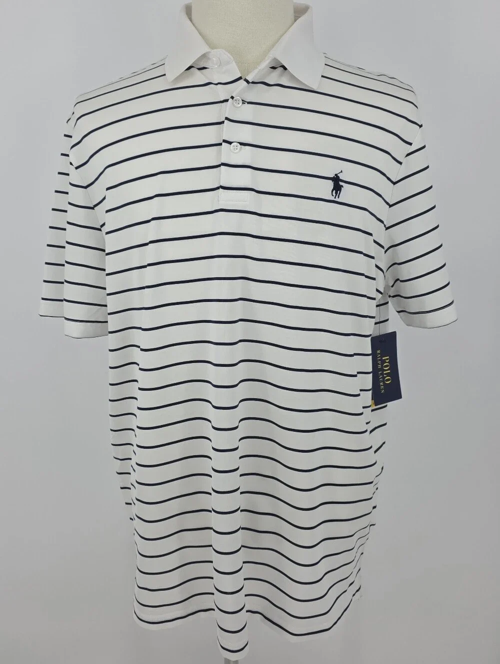 Polo Ralph Lauren Performance Polo Shirt Mens L White Navy Stripe NWT Golf